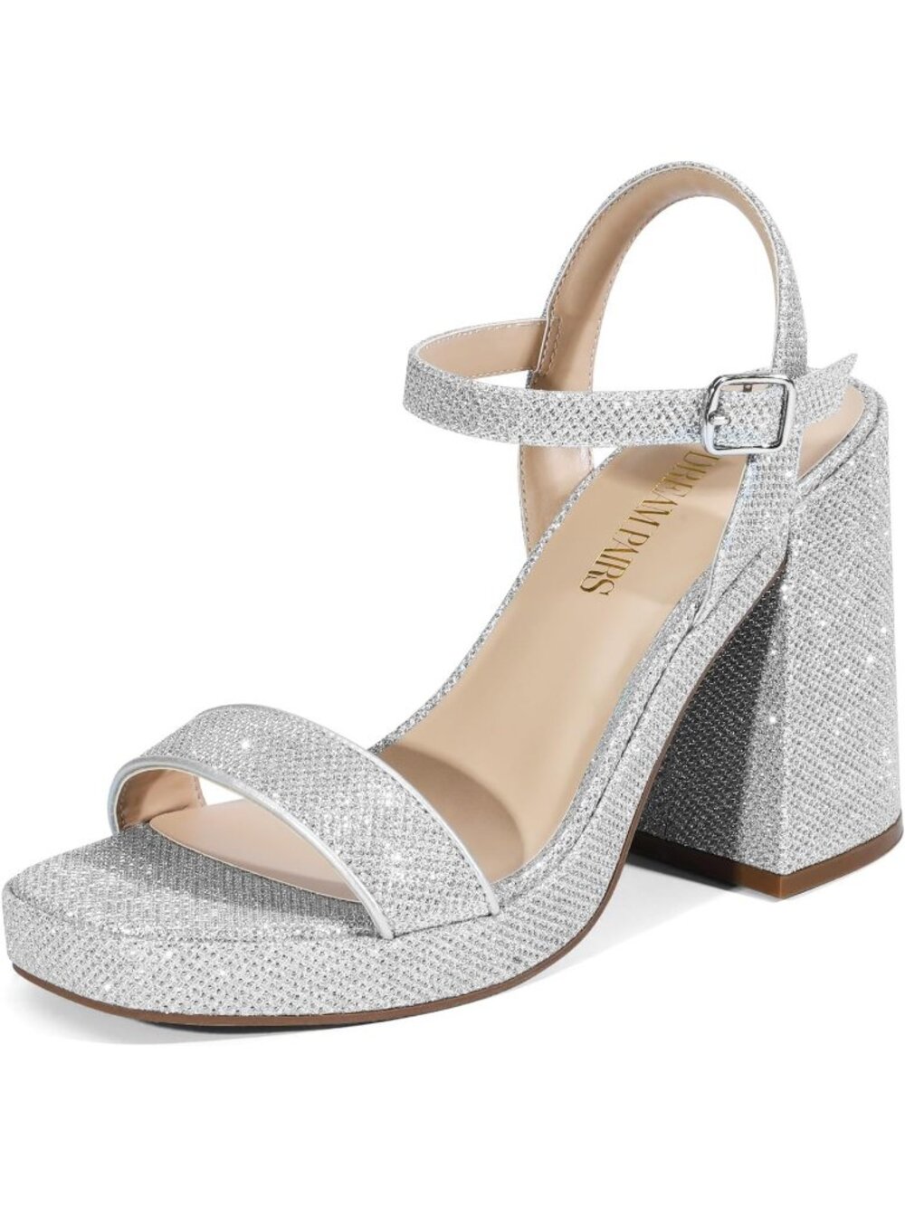 Women's Silver Glitter Faux Leather Chunky Block Heel Comfortable Party Sandals